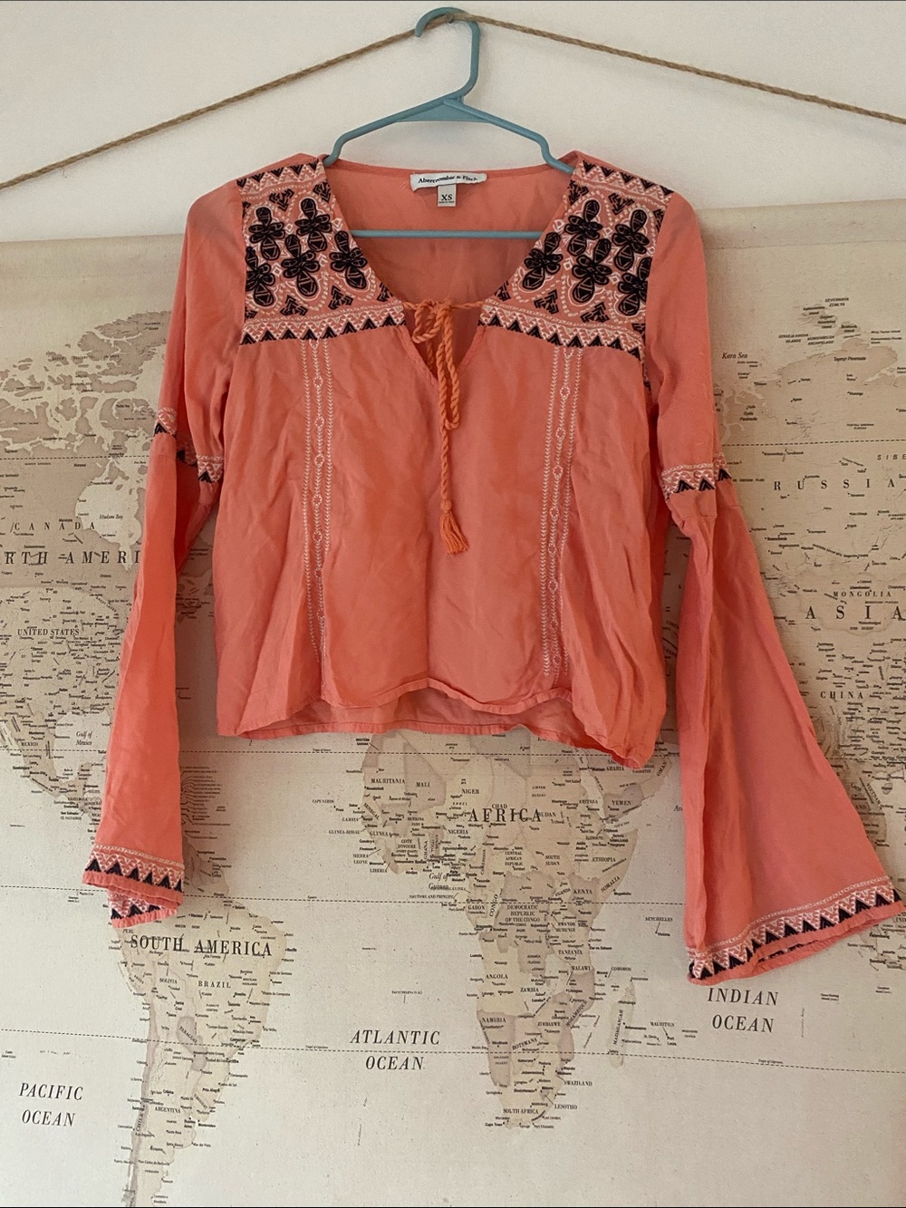 Abercrombie & Fitch Coral Embroidered Peasant Top